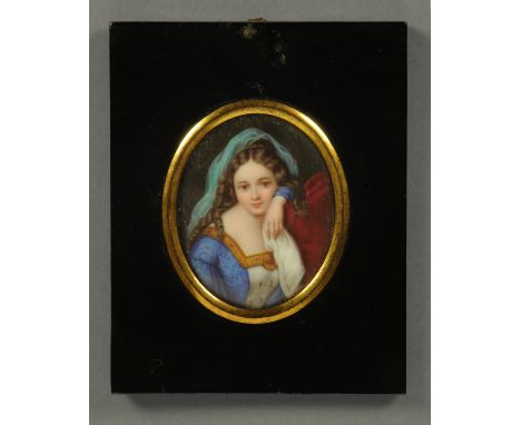 A 19th century portrait miniature, young girl holding a handkerchief.  7 cm x 5.7 cm, framed.
