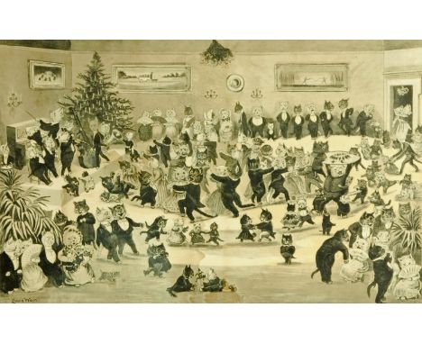 After Louis Wain, print, "Cats having a Ball".  36 cm x 54 cm, framed.