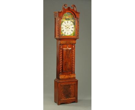 A Victorian mahogany longcase clock, with swans neck pediment above the arched painted dial and eight day striking movement, 
