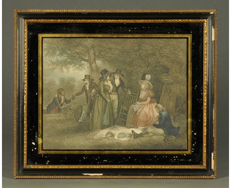 After George Morland, mezzotint by William Ward, "Anglers Repast".  29 cm x 36 cm.