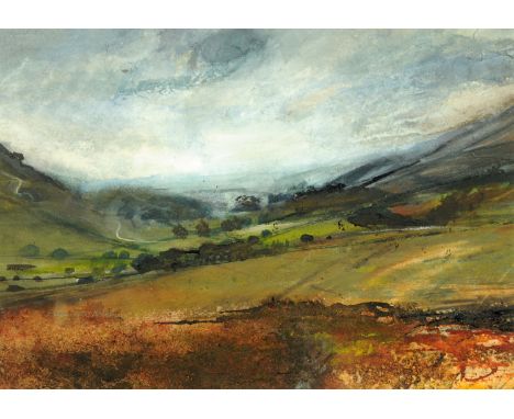 Catharine Holmes, mixed media, landscape.  30 cm x 43 cm, signed.
