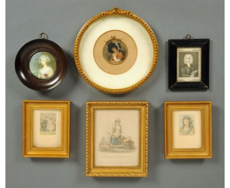Six miniature prints, two by Baxter, "Potatoes Full Weight" by S. & J. Fuller, I. Watts portrait, circular female portrait an