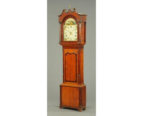 An early 19th century oak and mahogany banded longcase clock, with thirty hour movement by Bellman, Broughton, with swans nec