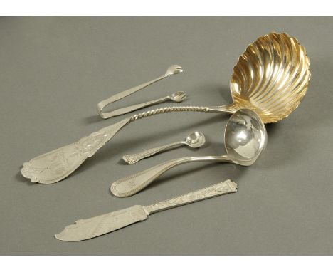 An American silver coloured metal ladle, Sterling silver sauce ladle, metal butter knife stamped "Sterling", pair of sugar ni