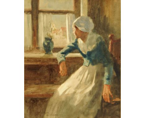 Hutton Mitchell, watercolour, woman at window.  31 cm x 24 cm, framed, signed. 