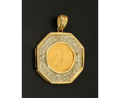 An American $5 gold coin, with gold surround set with approximately 60 diamonds, 9.9 grams.
