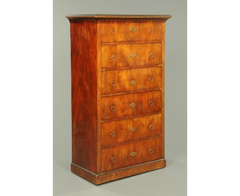 A 19th century Continental walnut six drawer chest, with caddy top, each drawer with brass drop handles and lock escutcheons 