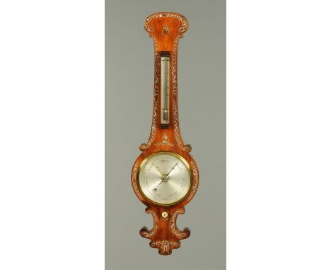 A 19th century rosewood inlaid mother of pearl banjo barometer.  Height 94 cm (see illustration). 
