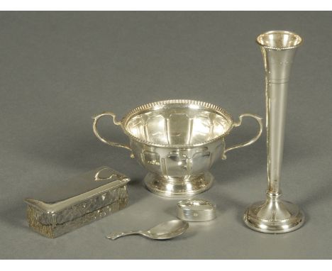 Silver sugar basin, The Goldsmiths & Silversmiths Company, London 1933, 118 grams, and a caddy spoon, pillbox, specimen vase 