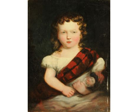 19th century Scottish School, portrait of a young girl with doll on board.  50 cm x 38 cm, unframed. 