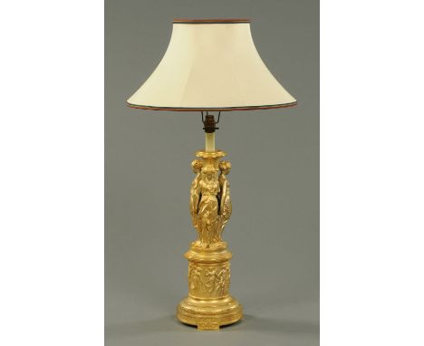 A gilt brass figural table lamp, Three Graces raised on a cylindrical base.  Height excluding light fitting 48 cm. (see illus