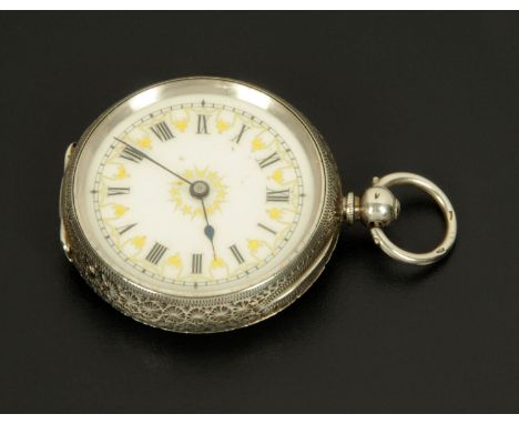 A late 19th century Continental 935 silver fob watch, with foliate engraved case and ceramic dial.