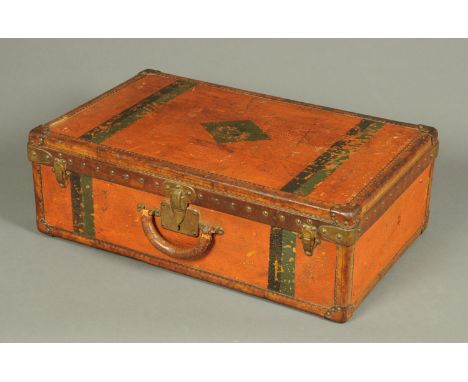 A Louis Vuitton case, with leather bound edge, stamped "Louis Vuitton" to the lock and "LV" to the hasps.  72 cm x 44 cm x 23