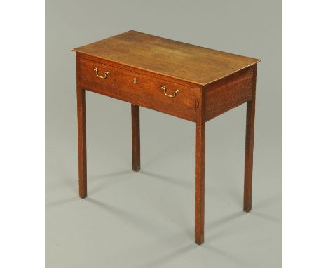 A 19th century oak side table, fitted with a single drawer with brass drop handles and raised on legs of square section.  Wid