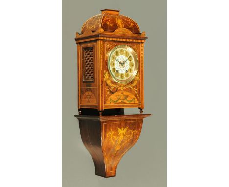 A late 19th/early 20th century rosewood and marquetry bracket clock and bracket, with two-train spring driven movement striki