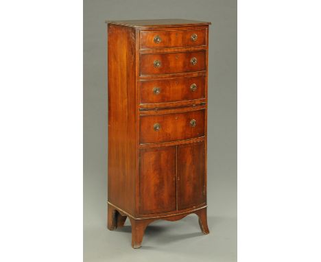 A mahogany bowfronted chest of drawers and combined cupboard, raised on tall splayed bracket feet.  Width 50 cm. 