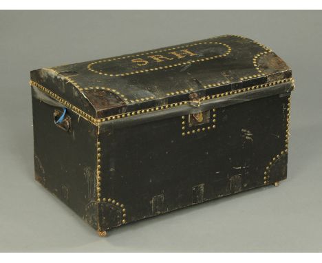 An 19th century dome topped trunk, leatherette covered and studded, with carrying handle to either side.  Width 84 cm. 