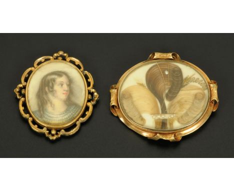 A Victorian oval portrait miniature on ivory, young girl in gold coloured metal frame, and a hair brooch.  Largest length 63 