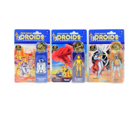 Star Wars - Droids - set of x3 Lucasfilm Ltd 50th Anniversary 2021 issued MOC carded action figures - Boba Fett, C-3PO and R2
