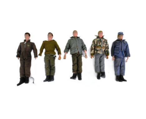 Action Man - x5 original vintage Palitoy Action Man playset action figures. Three blonde flock hair examples and two brown. A