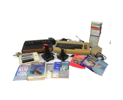 Retro Gaming - a collection of vintage video game consoles comprising; 1980s Commodore 64 / C64 home computer, C2N datasette 