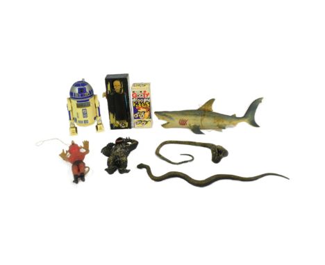 A collection of vintage 1970s / 80s novelty toys comprising; Coffin Bank (working), Goofy Droopy Eyes, R2-D2 alarm clock, rub