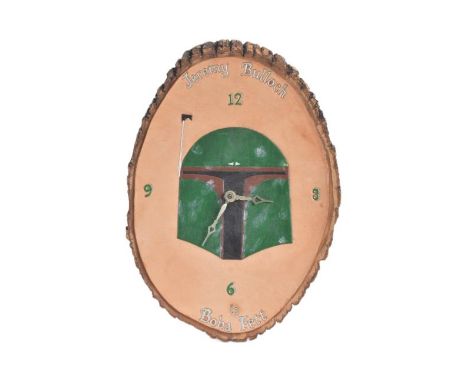 Estate of Jeremy Bulloch - Star Wars - a fan-made clock featuring Boba Fett to the centre. Worked sheet of leather, hand pain