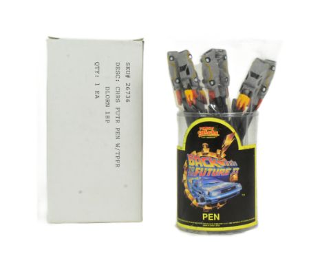 Back To The Future - vintage 1980s ex-shop stock tube of x9 Back To The Future novelty biro pens. Each with Delorean pen lids