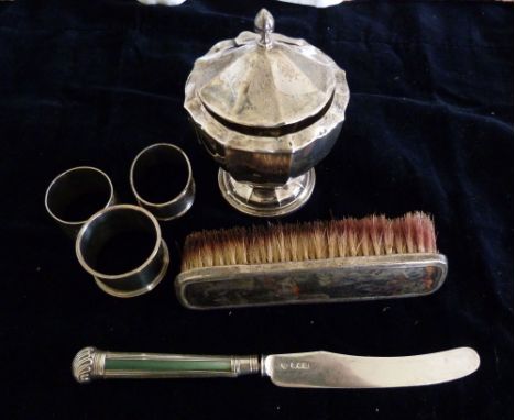 A Birmingham Silver Covered Sucrier together with three silver napkin rings, a silver bladed knife and a tortoiseshell and si