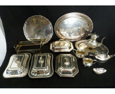 A Small Collection of Silver Plated Items to include a tea service, various entree dishes, two silver plated trays and other 