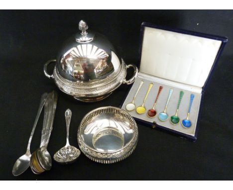 A Set of Six Sterling Silver Danish Enamel Decorated Coffee Spoons within a fitted case, together with a Birmingham silver bo