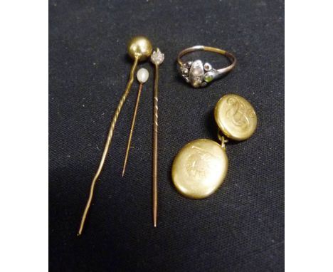 A Gold Dress Ring set with diamonds together with 15ct. gold cufflink and three stick pins