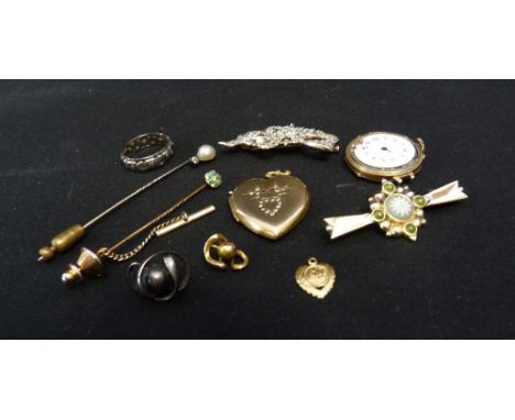 A 9ct. Gold Locket in the form of a Heart, set with paste stones together with a 9ct. gold cased ladies wrist watch and a Cha