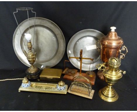 A Victorian Brass Ink Stand with two porcelain inkwells, together with a collection of metal ware, to include a table lamp an