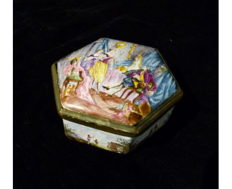 A 19th Century French Enamel Octagonal Covered Box, the top hand painted with an interior scene with figures, 8 cms diameter