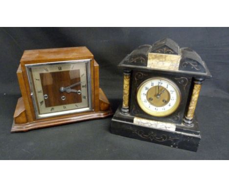 An Early 20th Century Black Slate and Marble Mantle Clock, together with another similar Art Deco mantle clock
