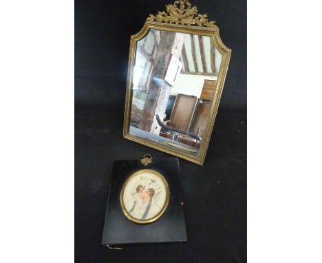 An Early 20th Century French Brass Framed Table Mirror, together with a 19th Century portrait miniature