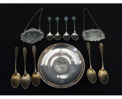 A Set of Four Birmingham Silver Coffee Spoons, retailed by Mappin & Webb, with enamel decoration together with two silver dec