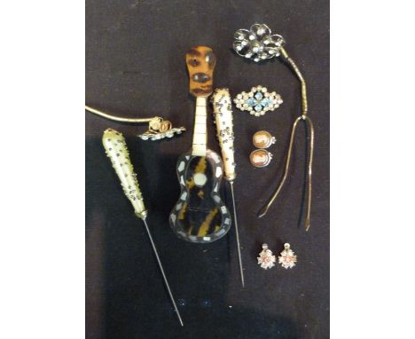 A Collection of Jewellery, to include two pairs of earrings, various hat pins, a pair of jade earstuds, together with another