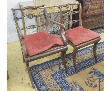 DINING CHAIRS, late 19th/early 20th century Regency design beech, a set of ten including two carvers with shaped ladder backs