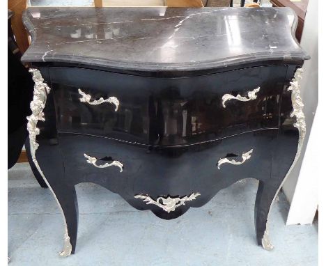 COMMODE, Louis XV style in black with two drawers below and marble top, 101cm x 53cm x 85cm H. 