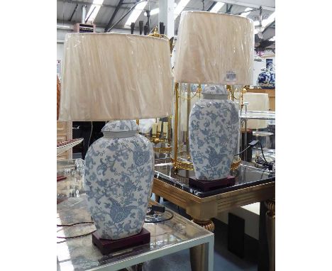 TABLE LAMPS, a pair, ceramic in light bulle and white paisley patterned cracklure finish with shades, 73cm H. (2)