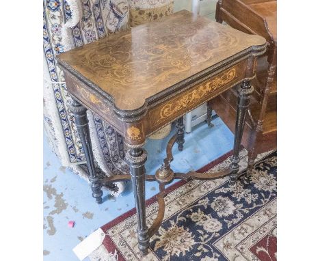 CARD TABLE, Napoleon III rosewood of compact proportions, with marquetry foldover top, with gilt metal mounts, green baize in