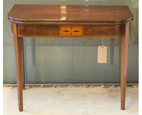 CARD TABLE, George III figured mahogany D shaped foldover baize lined and satinwood inlaid frieze, 92cm x 48cm x 77cm H.