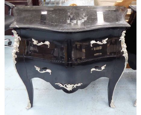 COMMODE, Louis XV style in black with two drawers below and marble top, 101cm x 53cm x 85cm H. 