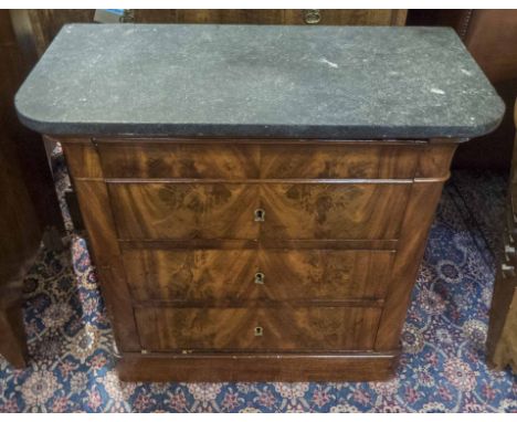 PETITE COMMODE, Louis Philippe mahogany, the grey marble top over a frieze drawer and three others, 79cm x 39cm x 77cm H.
