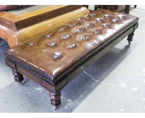 HEARTH STOOL, Victorian mahogany, rectangular button upholstered in hand finished leaf brown leather with turned supports, 44