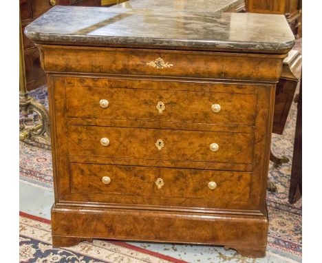 HALL COMMODE, 19th century French Louis Philippe burr walnut and gilt metal mounted with five long drawers, 100cm x 45cm x 96