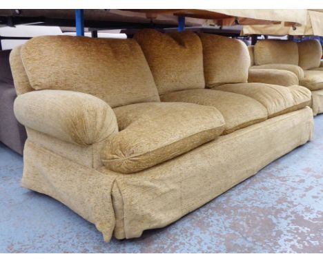 KINGCOME SOFA, three seater, in gold patterned upholstery, 225cm W.