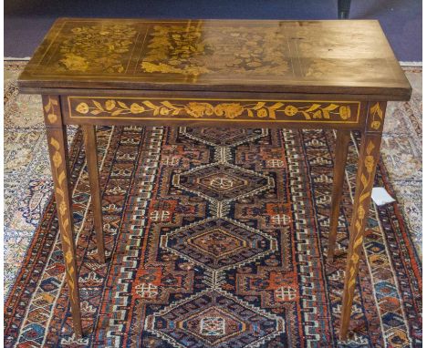 CARD TABLE, 19th century Dutch mahogany rectangular fold over baize lined with satinwood foliate marquetry inlaid panels, 82c